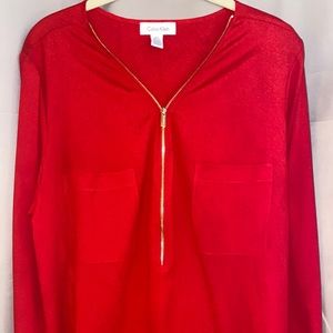 Calvin Klein Zip Front Roll Sleeve Knit Blouse